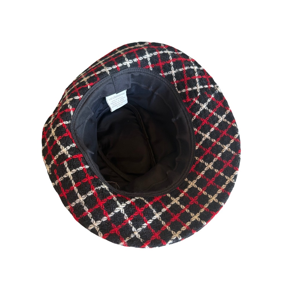 Liz Claiborne Bucket Hat Red Black White Plaid Wool Velvet Band Floral Jewel - Picture 6 of 6